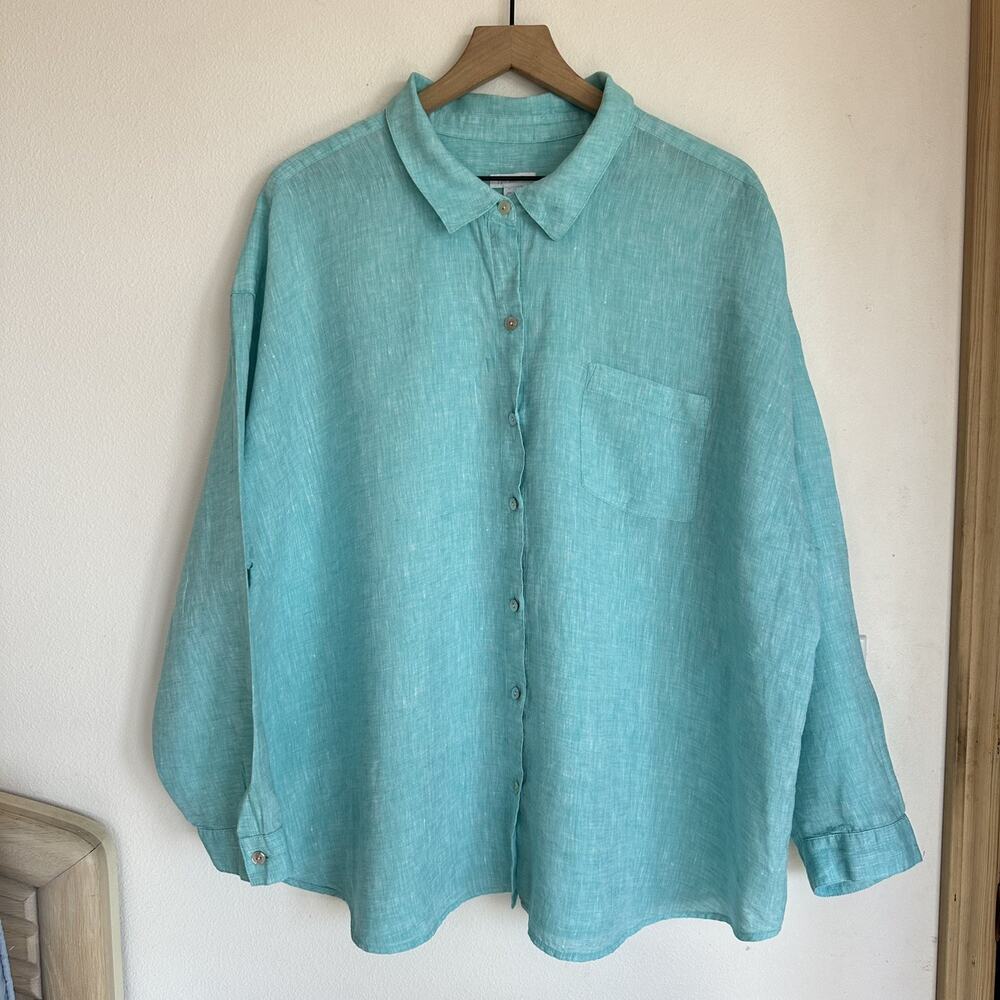 J. Jill Love Linen 100% Linen Relaxed Fit Teal Blue Button-Up Shirt 3X Coastal